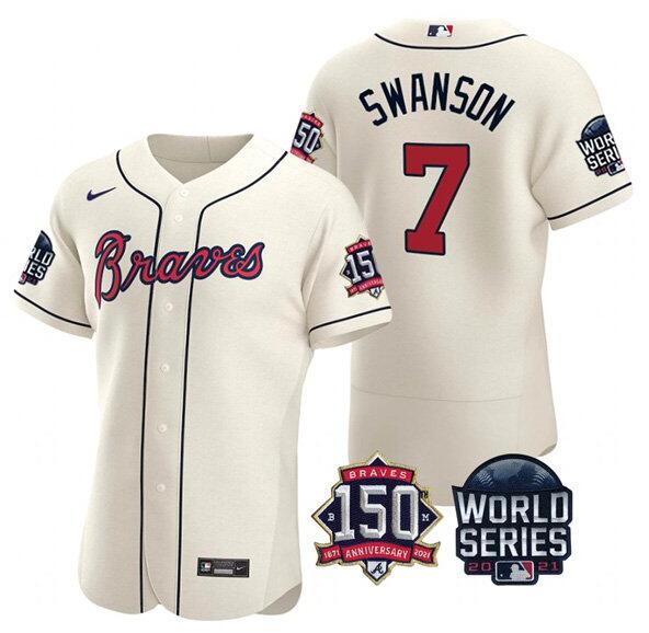 Men's Atlanta Braves #7 Dansby Swanson 2021 Cream World Series With 150th Anniversary Patch Stitched Baseball Jersey Men's Atlanta Braves #7 Dansby Swanson 2021 Cream World Series With 150th Anniversary Patch Stitched Baseball Jersey